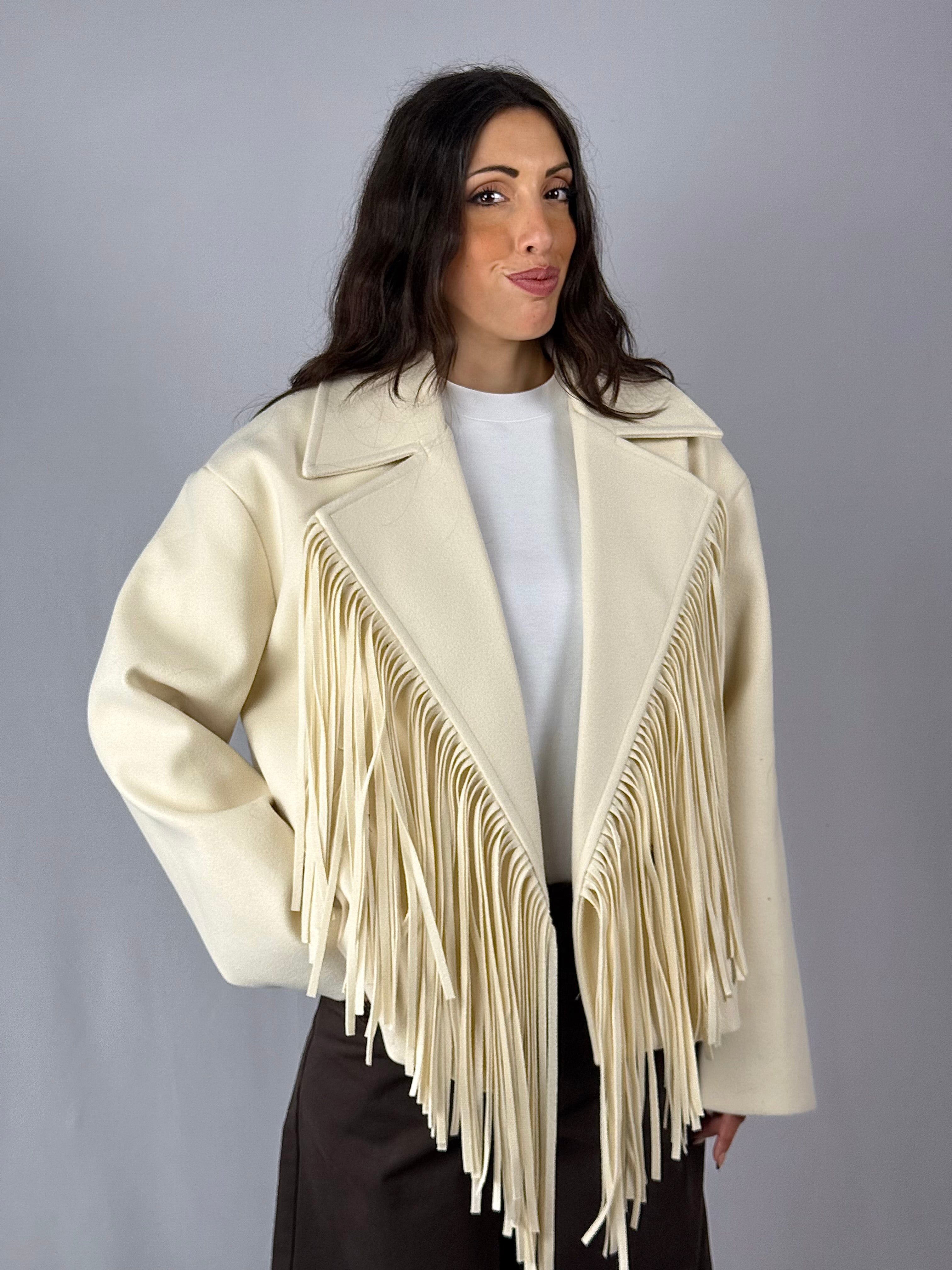Cappotto corto frange panna Lumina