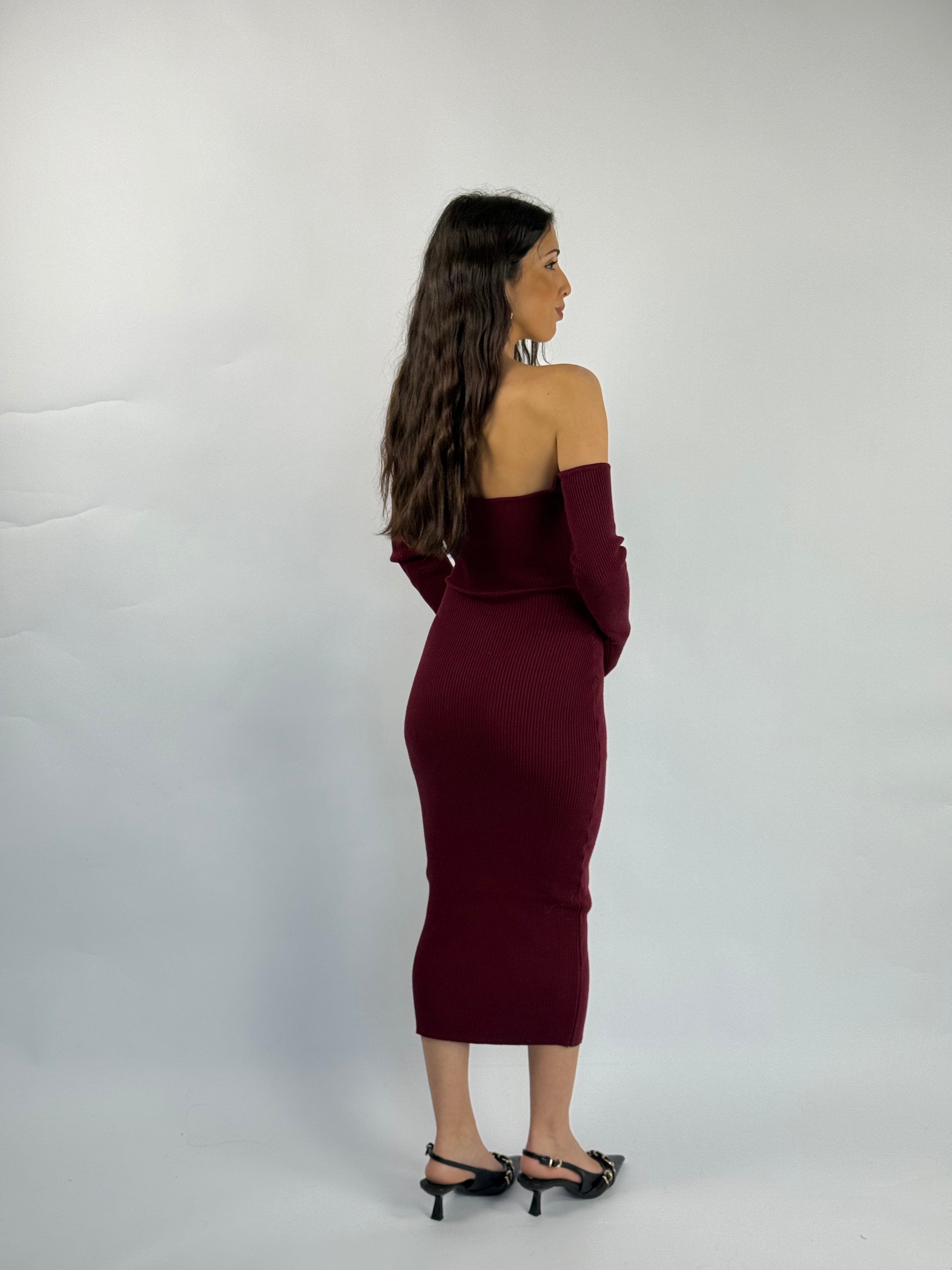 Abito in maglia con manica a guanto bordeaux