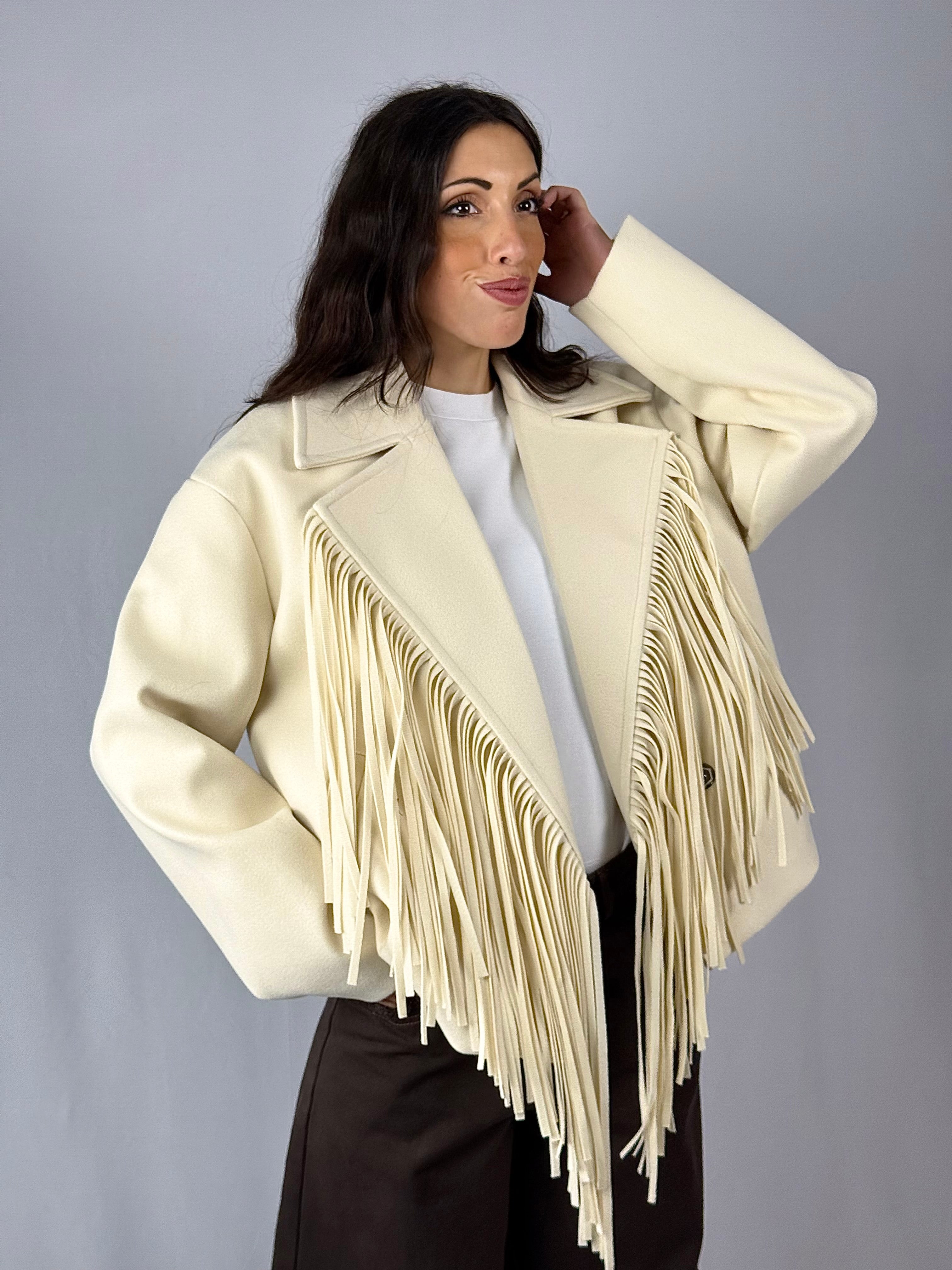 Cappotto corto frange panna Lumina