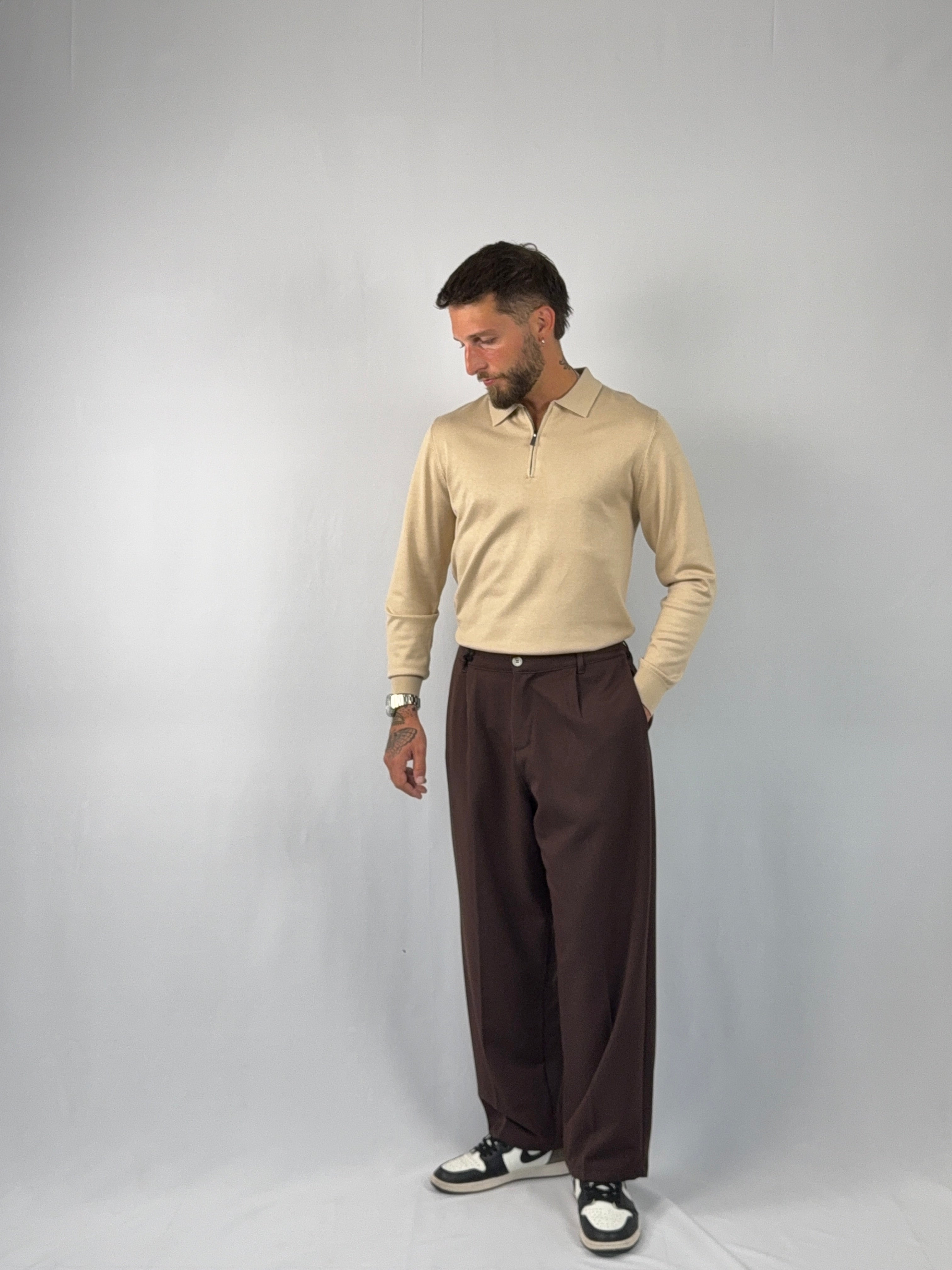 Maglia polo zip beige