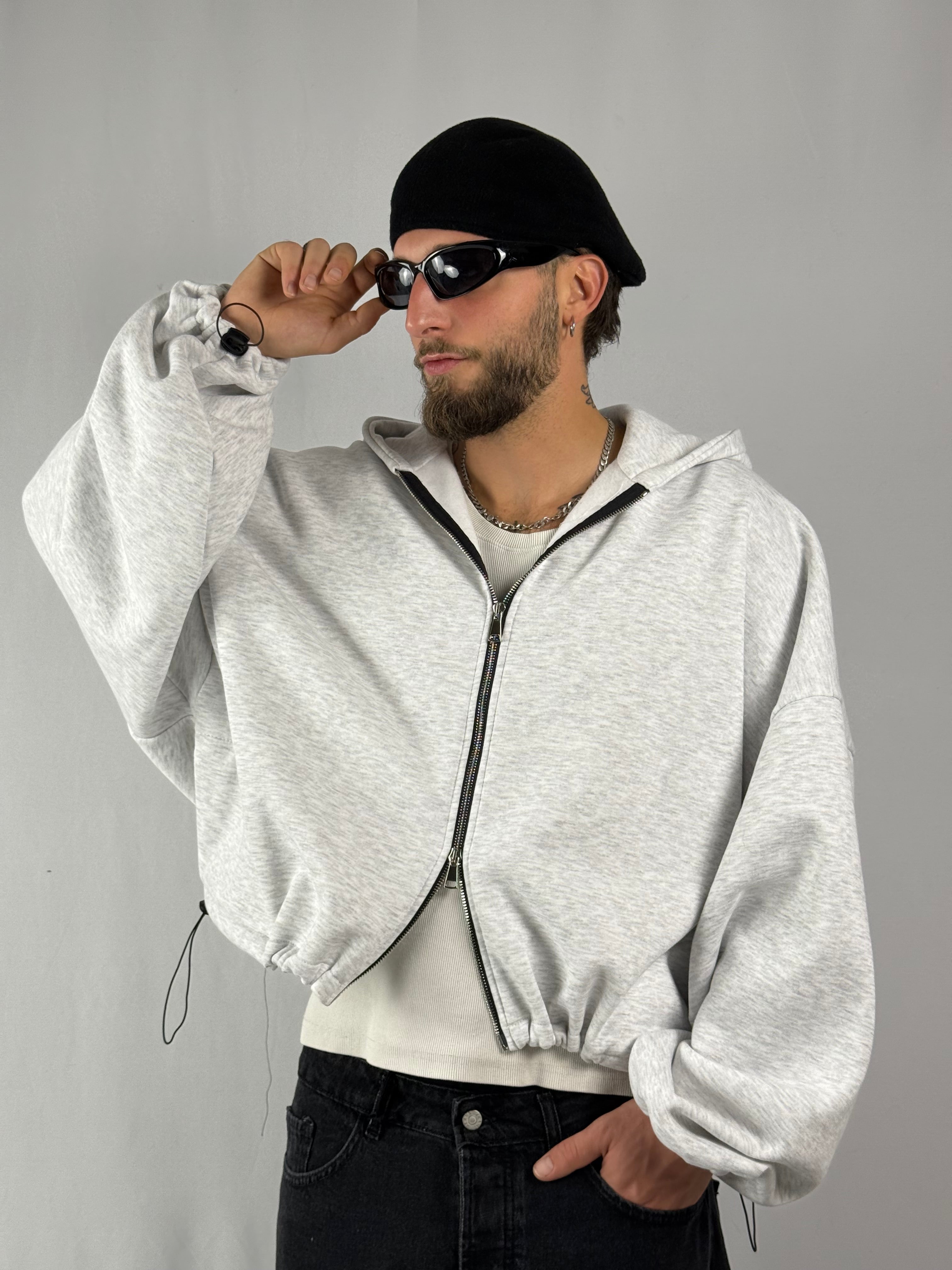 Felpa “best hoodie” crop zip grigio