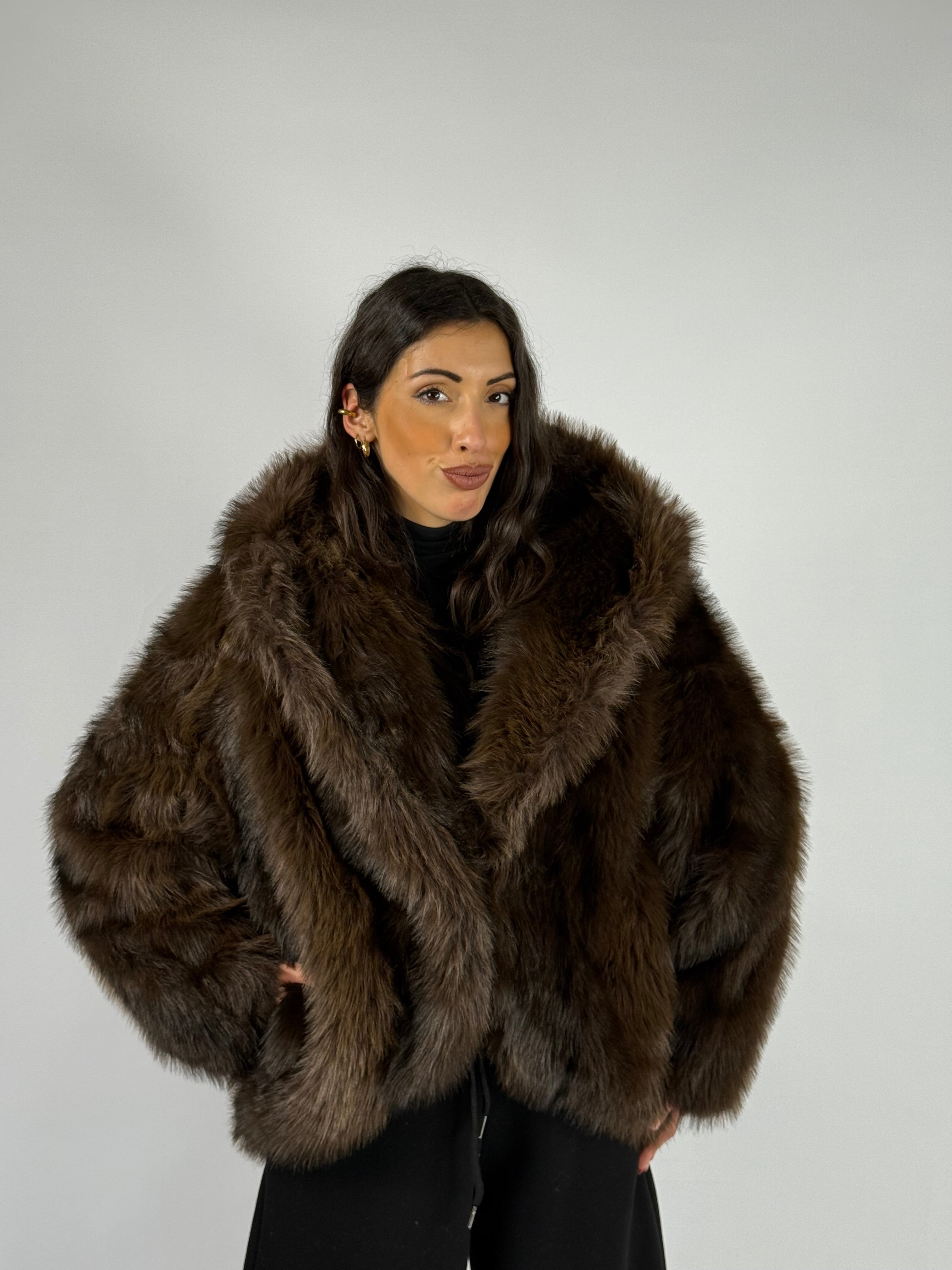 Ecopelliccia cappuccio marrone