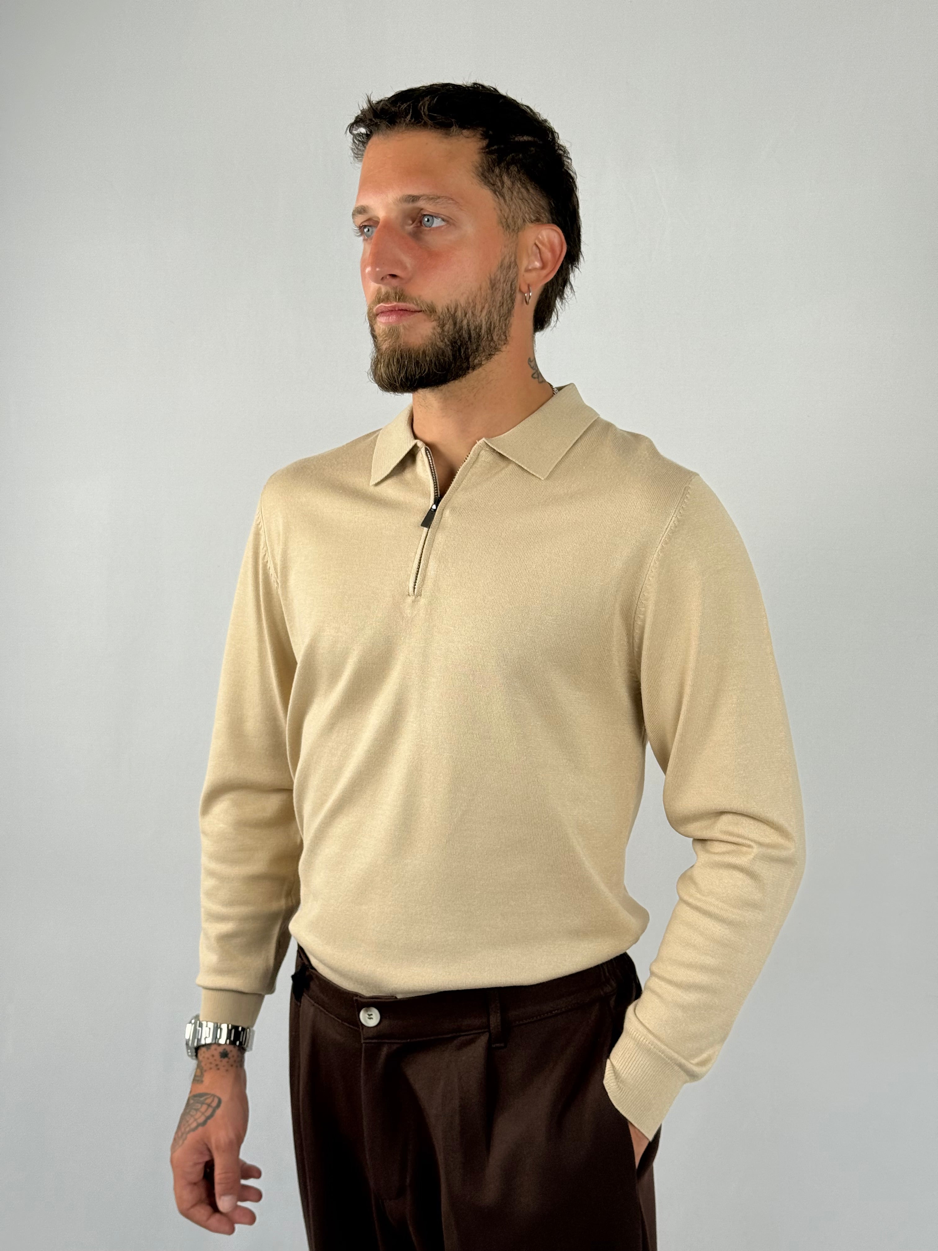 Maglia polo zip beige