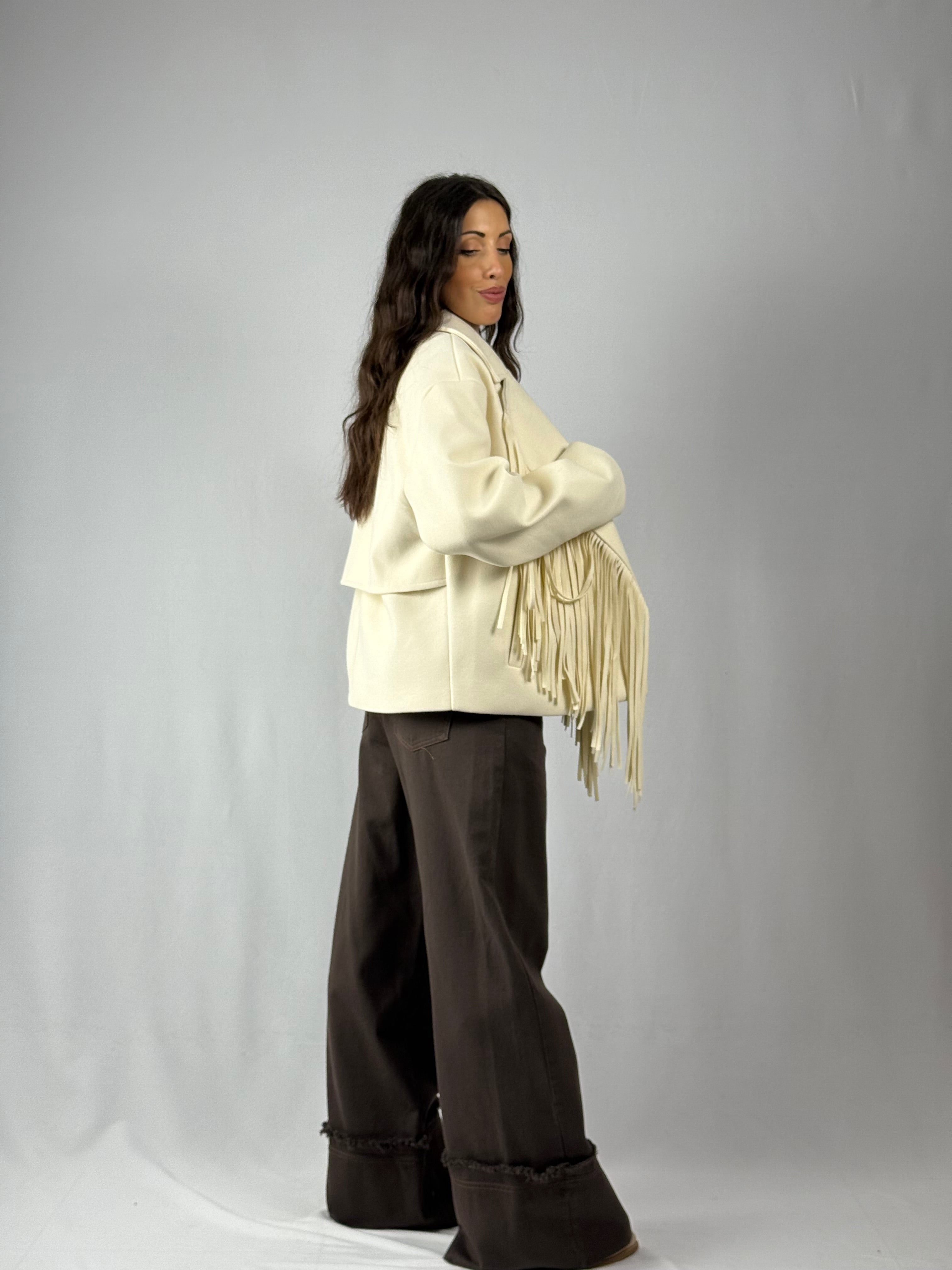 Cappotto corto frange panna Lumina