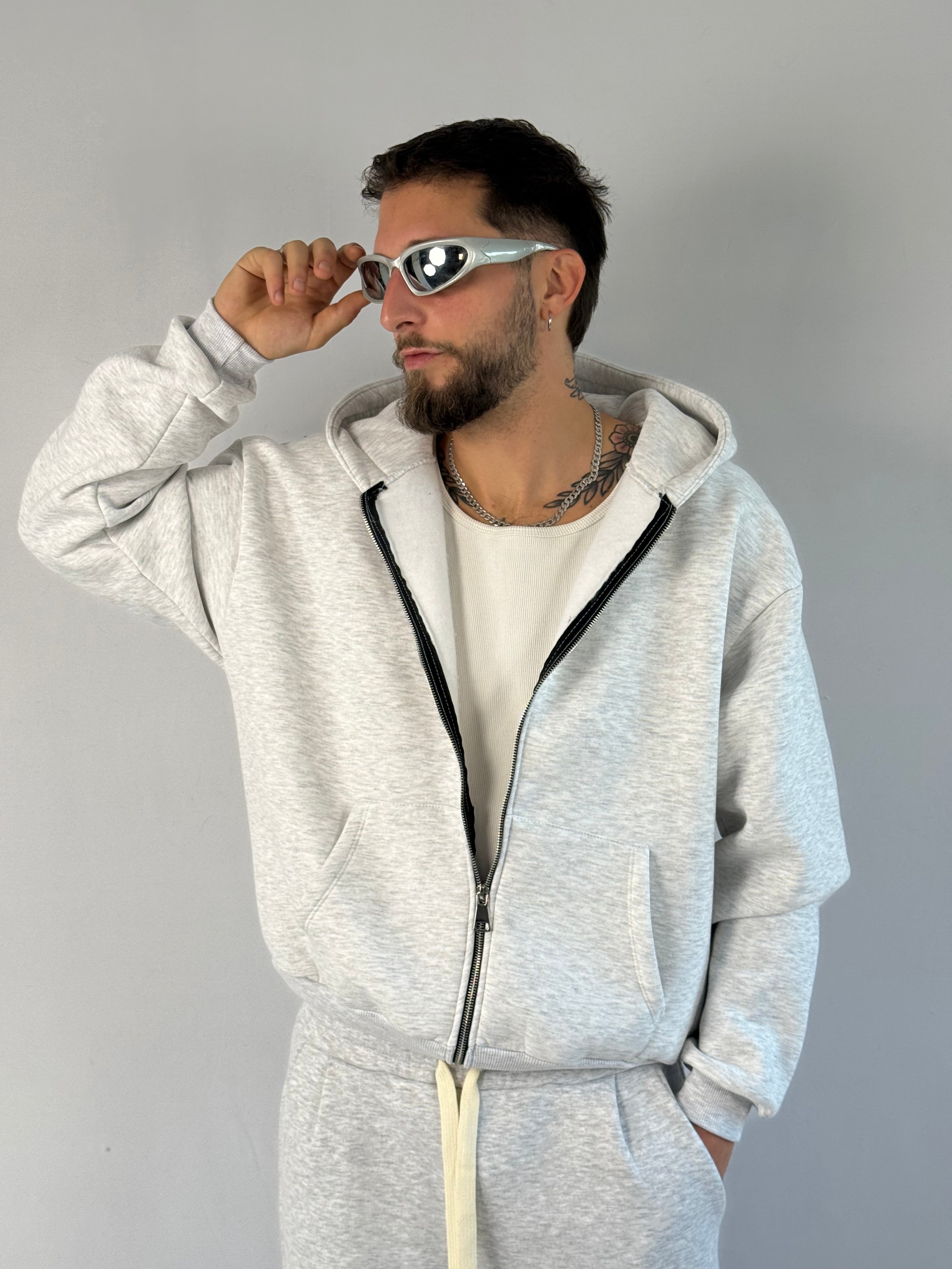 Felpa boxy zip grigio chiaro